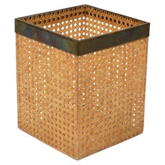 Waste Paper Basket Lucite, Rattan and Brass Christian Dior Style, Italy 1970s
