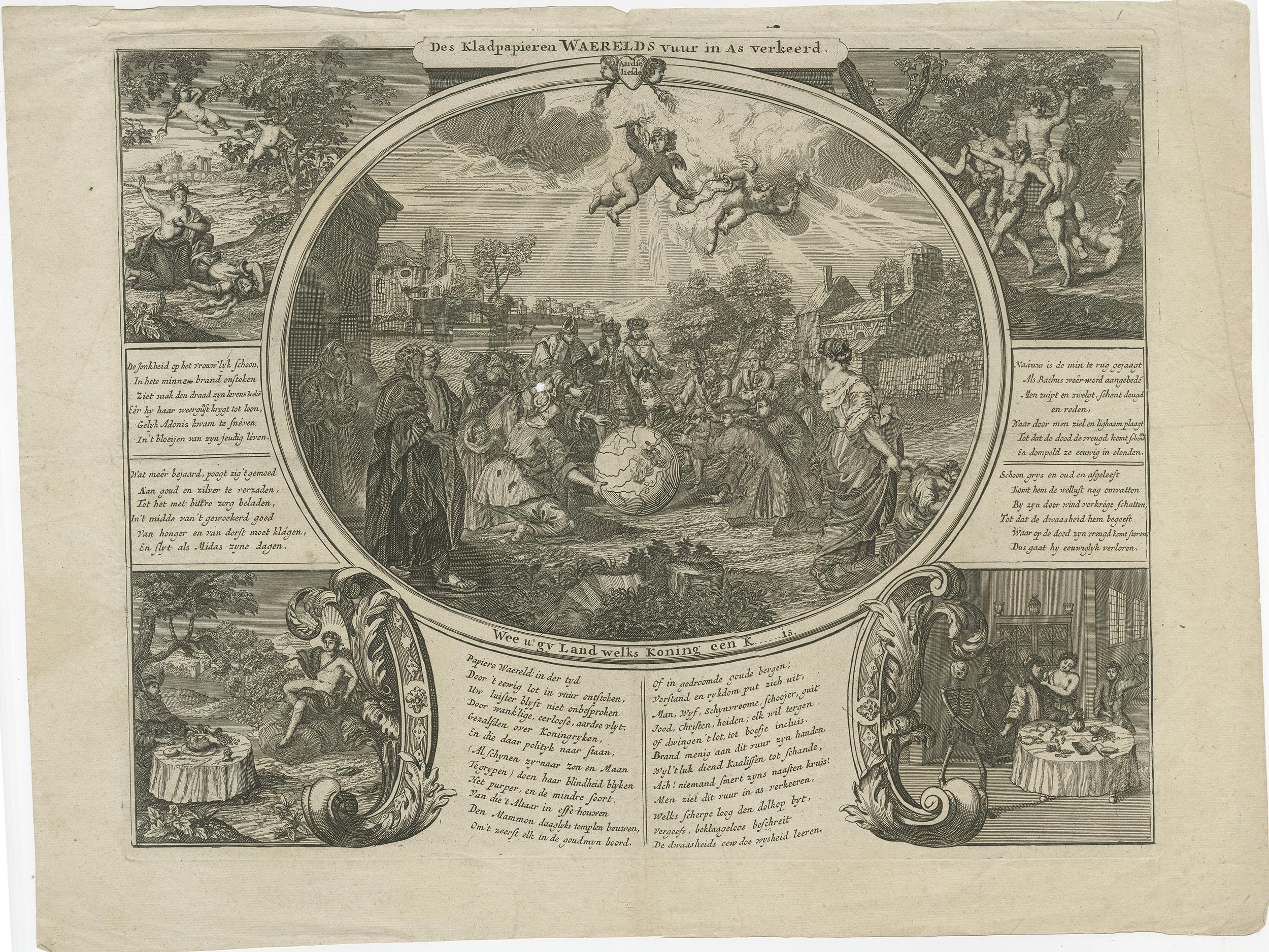 Antique print titled 'Des Kladpapieren Waerelds vuur in as verkeerd'. 'The world of waste paper is burned to ashes', a satire on the South Sea Bubble. 

The oval central image shows a group containing kings, churchmen, rich and poor surrounding a