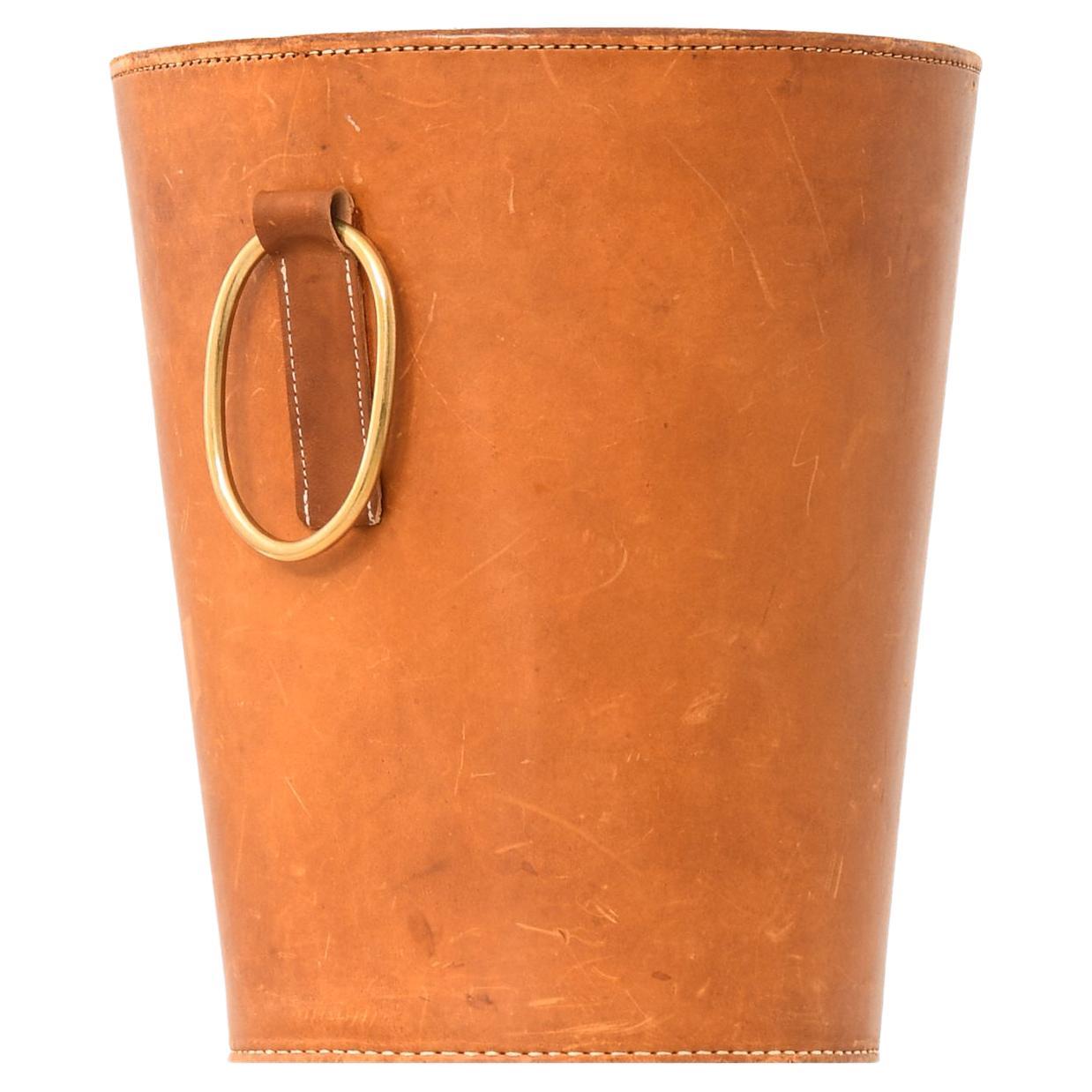 Wastebasket in Brass and Leather by Carl Auböck, 1950′s For Sale