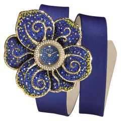 Watch Gold White Diamonds Sapphire Satin Strap Hand Decorated with Micro Mosaic