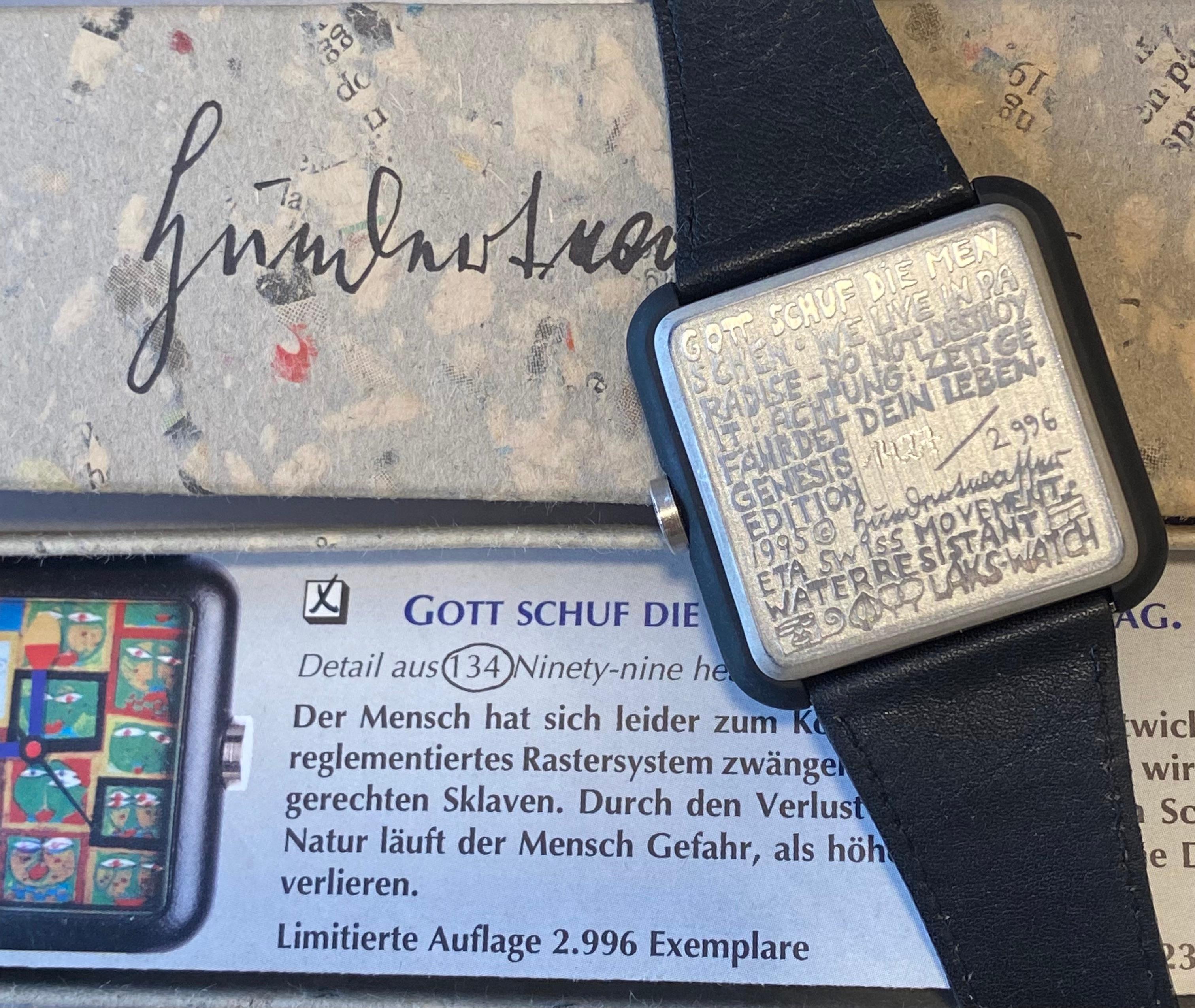 Montre conçue par l'artiste autrichien Hundertwasser.
Montre rare, neuve de stock.
Vendu avec boîte et certificat.
Circa : 1995
Diamètre : 4 cm
Longueur de la sangle : 24 cm.