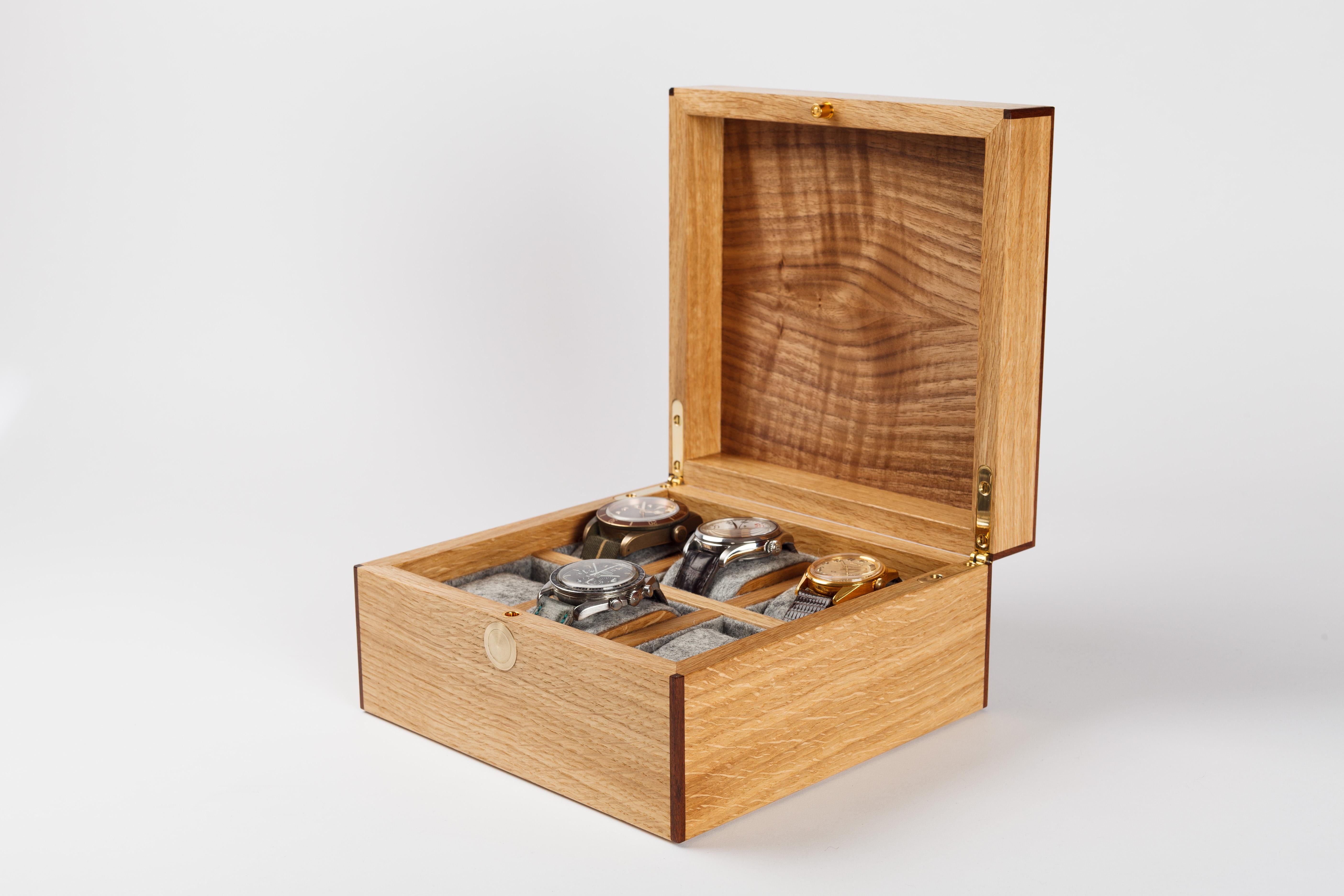 Modern Watch Box in Oak with Oak Burl Lid For Sale