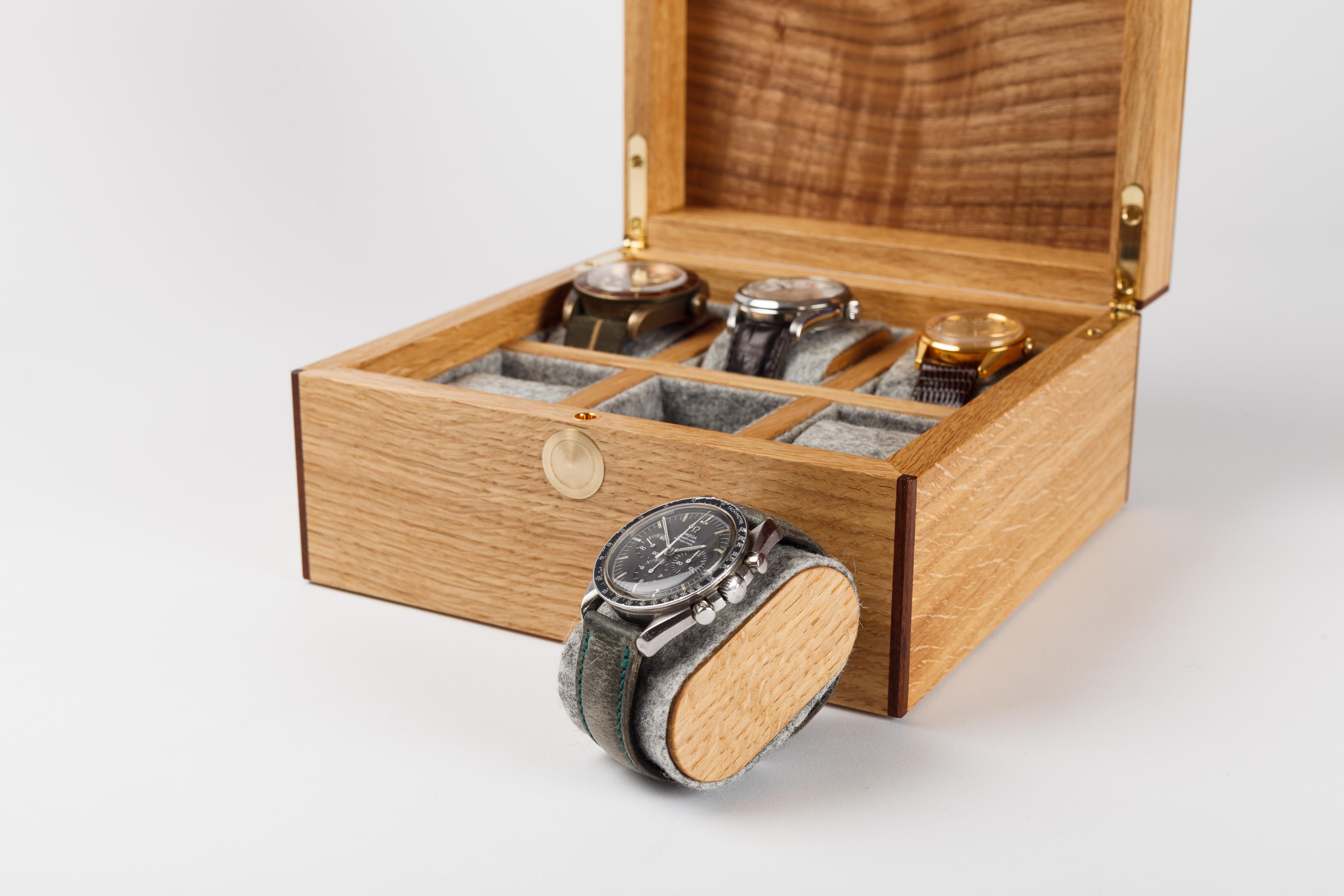 Hand-Crafted Watch Box in Oak with Oak Burl Lid For Sale