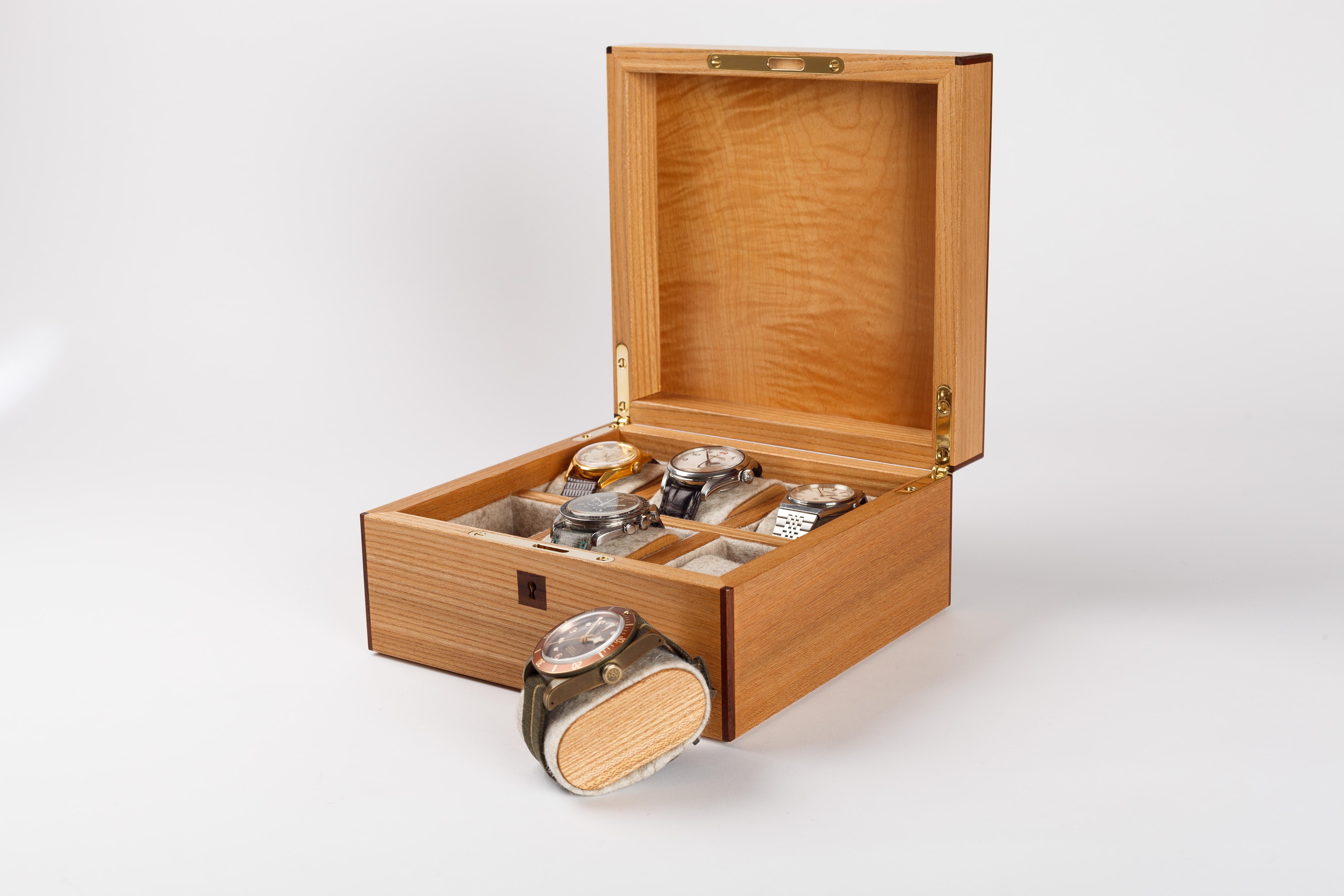 Modern Watch Box in Scottish Elm with Maple and Walnut Basket-Weave Parquetry lid For Sale