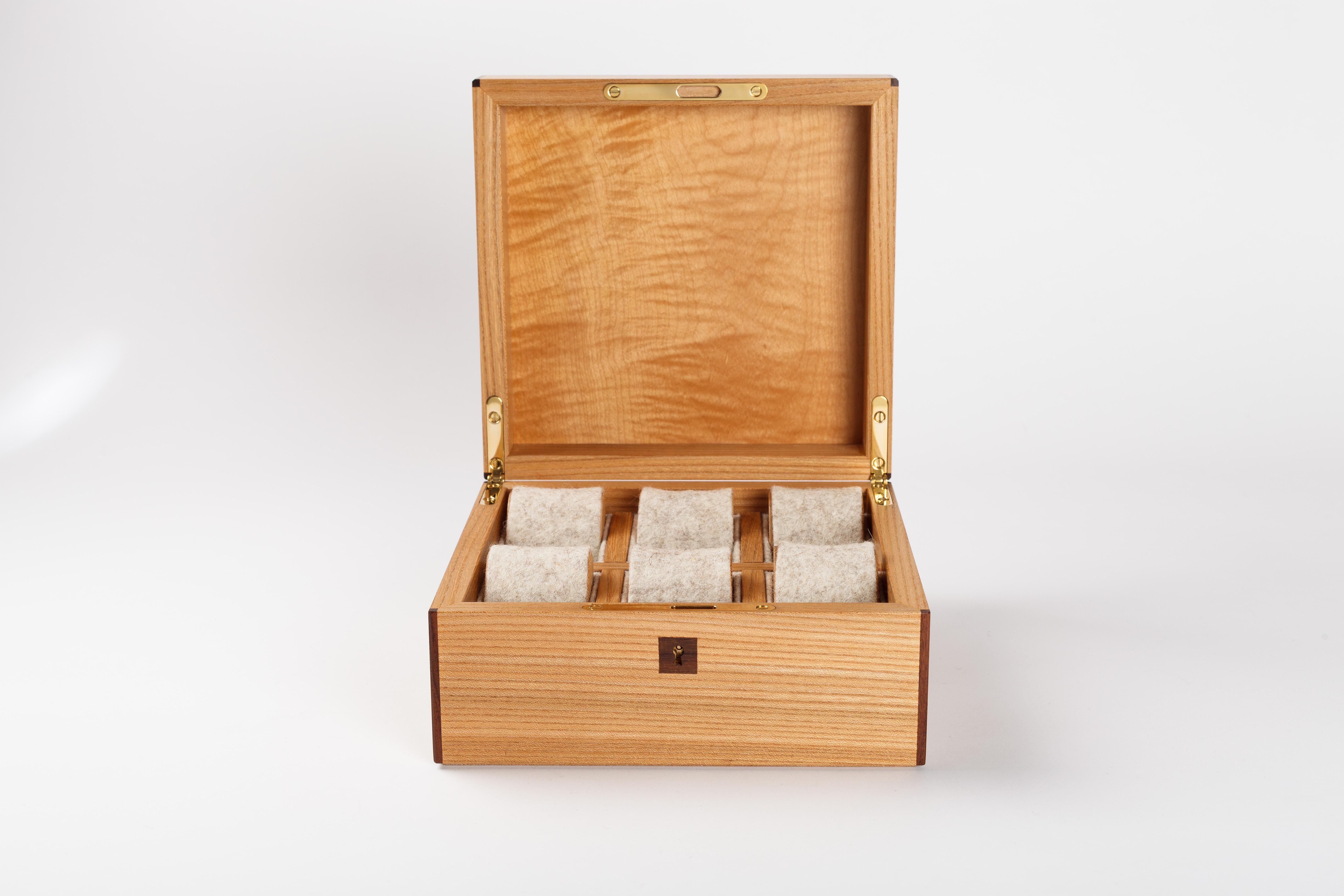 Brass Watch Box in Scottish Elm with Maple and Walnut Basket-Weave Parquetry lid For Sale