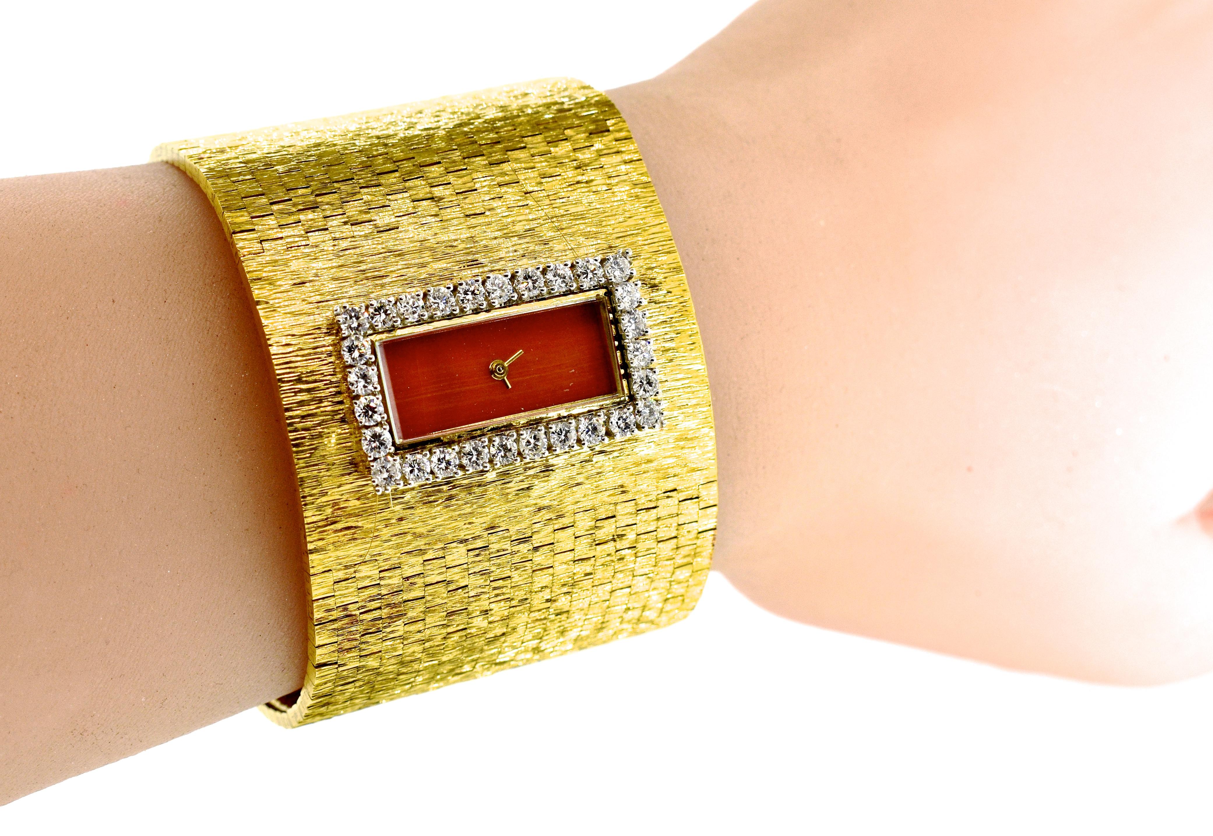 Retro Watch Bracelet with Diamonds and a Coral Dial, Milner London, circa 1965