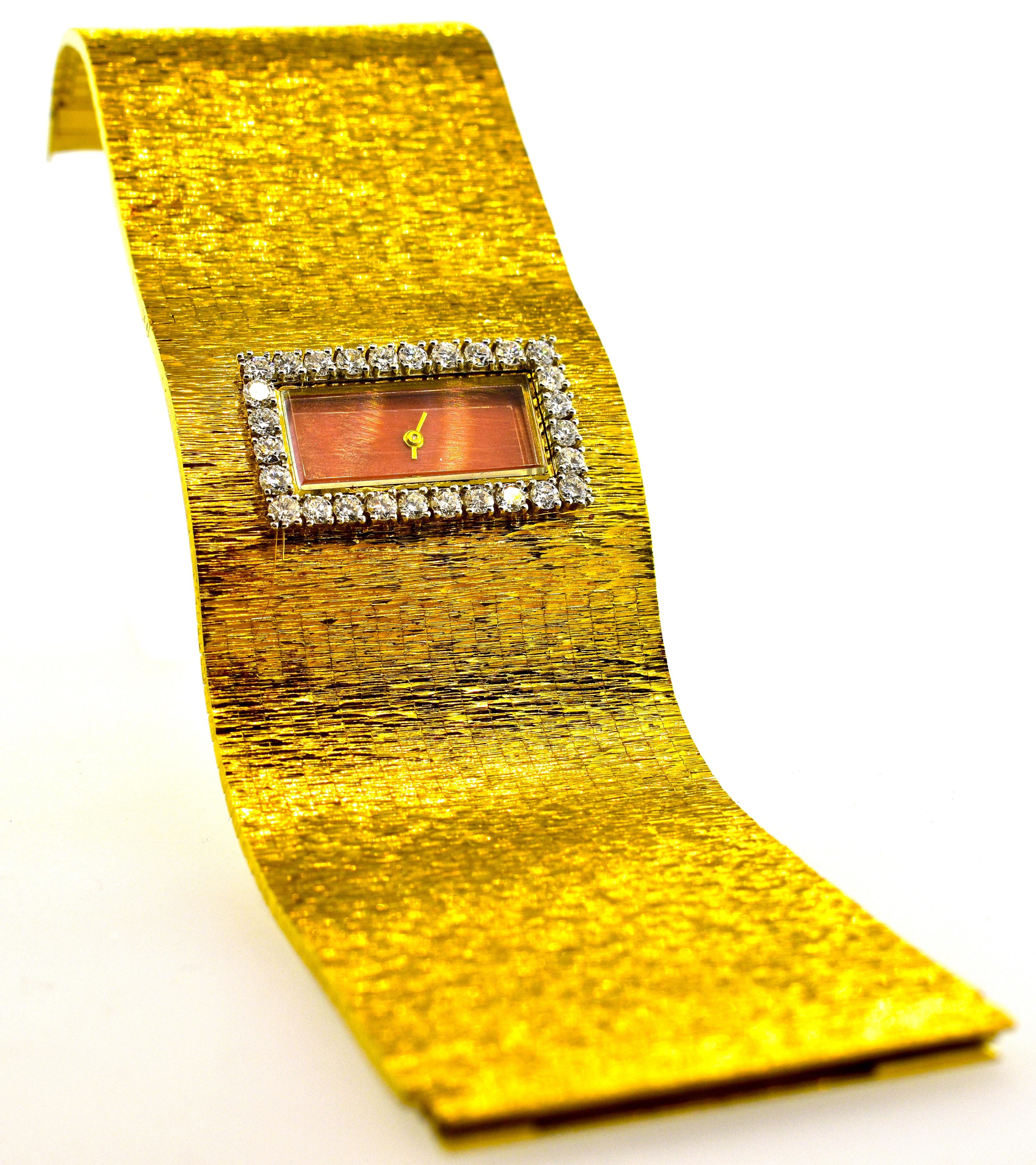 Retro Watch Bracelet with Diamonds and a Coral Dial, Milner London, circa 1965