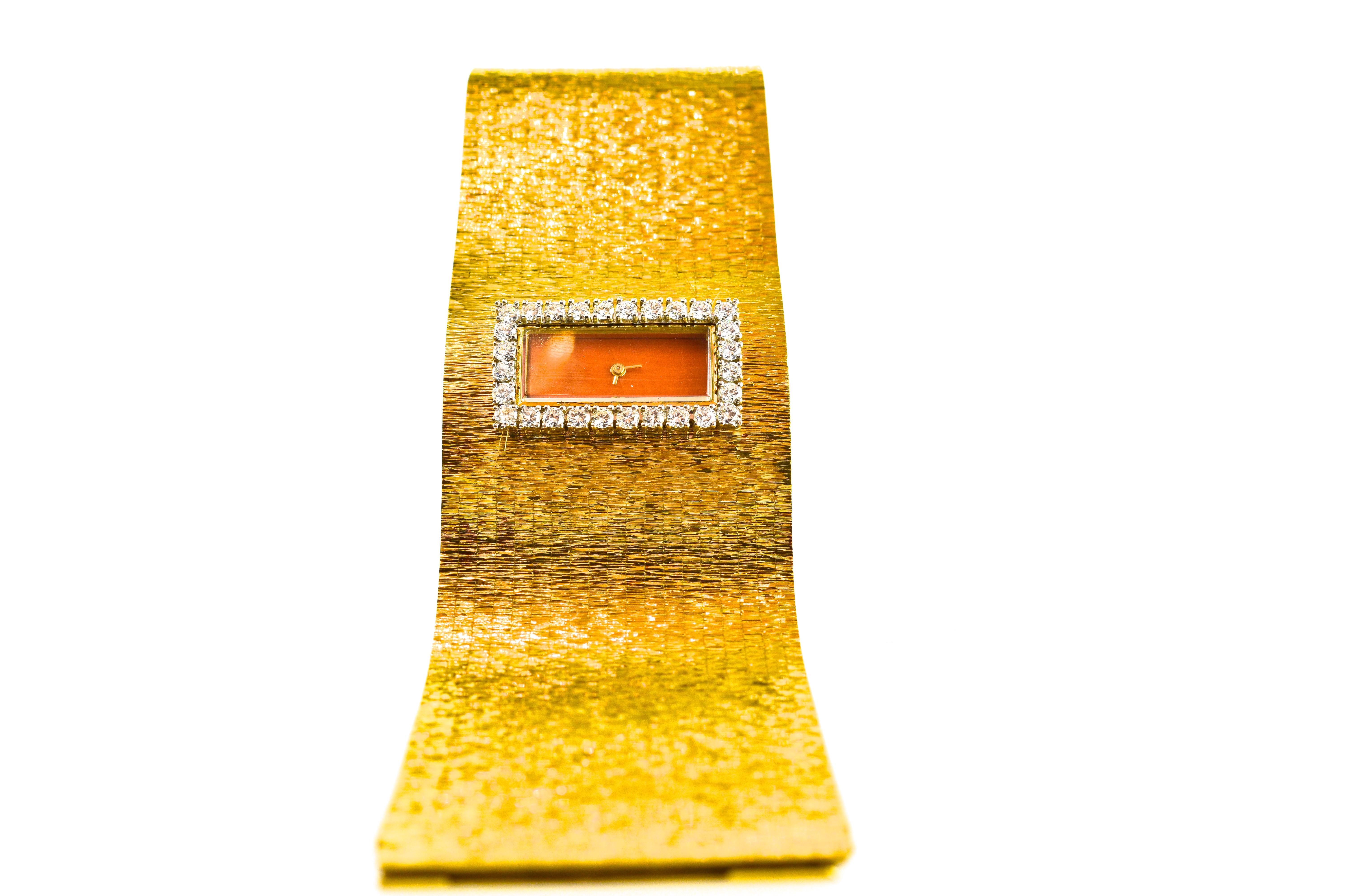 Women's or Men's Watch Bracelet with Diamonds and a Coral Dial, Milner London, circa 1965