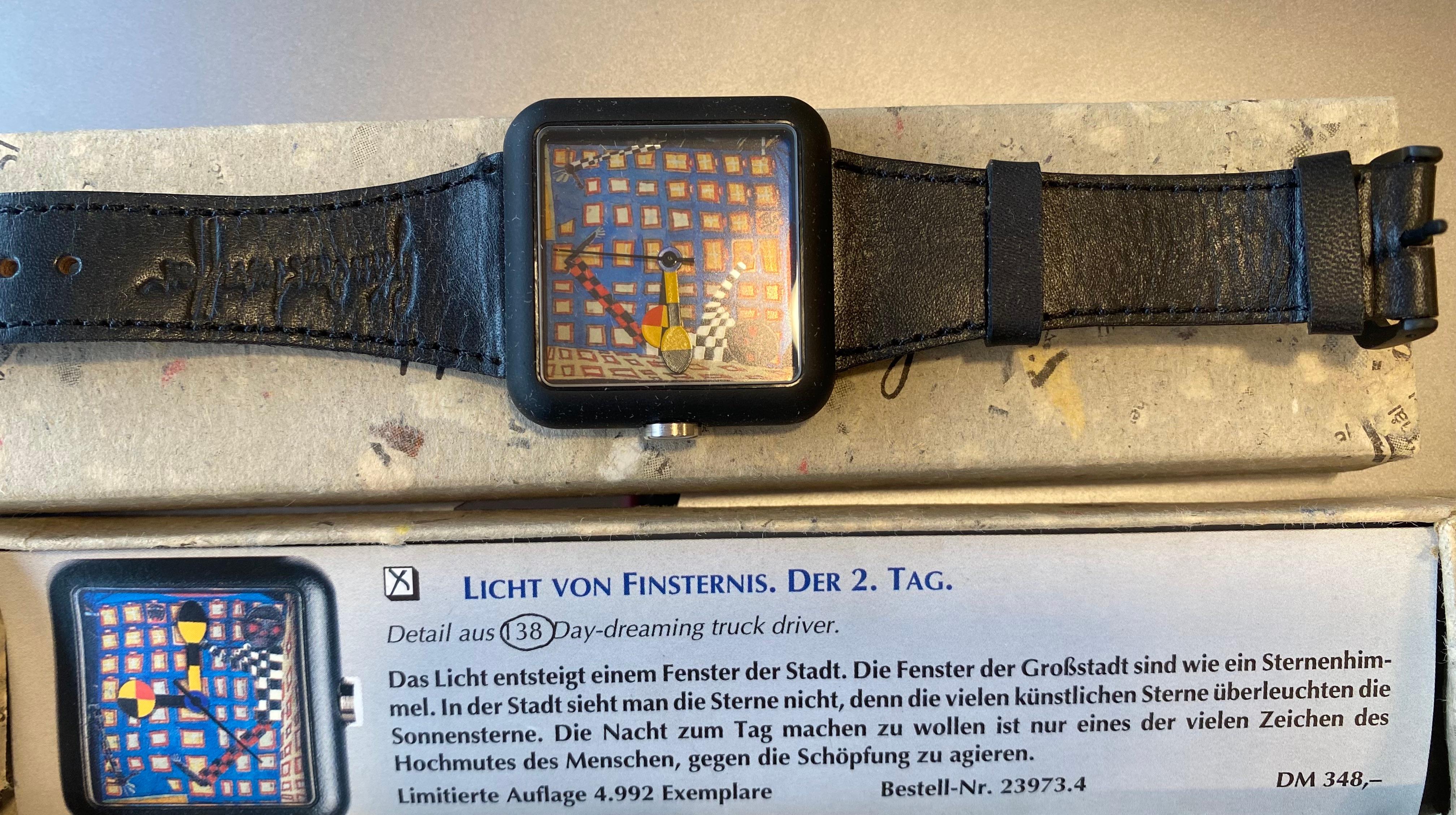 Uhr entworfen von dem österreichischen Künstler Hundertwasser, 1995 (Stahl) im Angebot