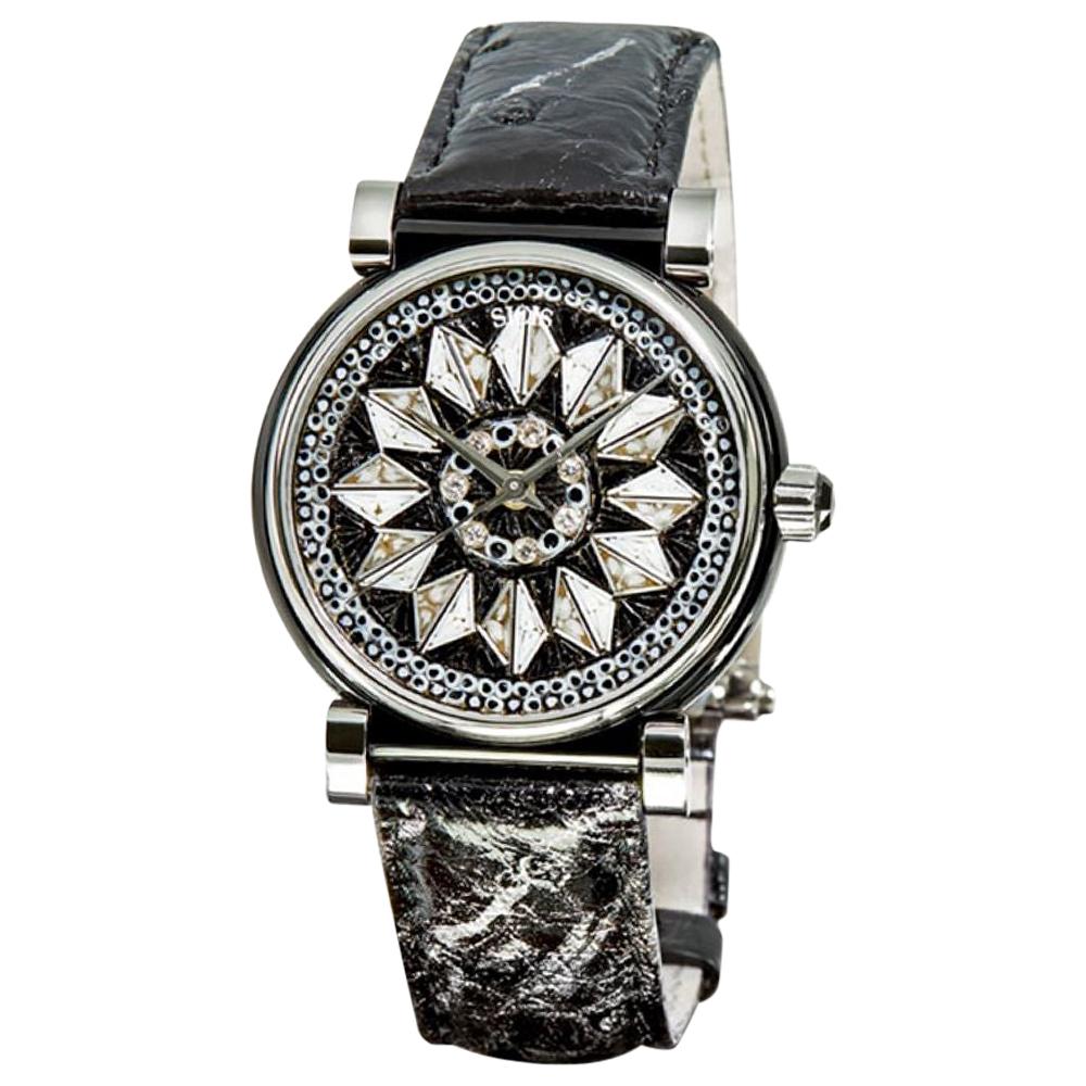 Uhr aus Gold, Stahl, weißen und schwarzen Diamanten, Alligatorarmband, Mikromosaik, verziert