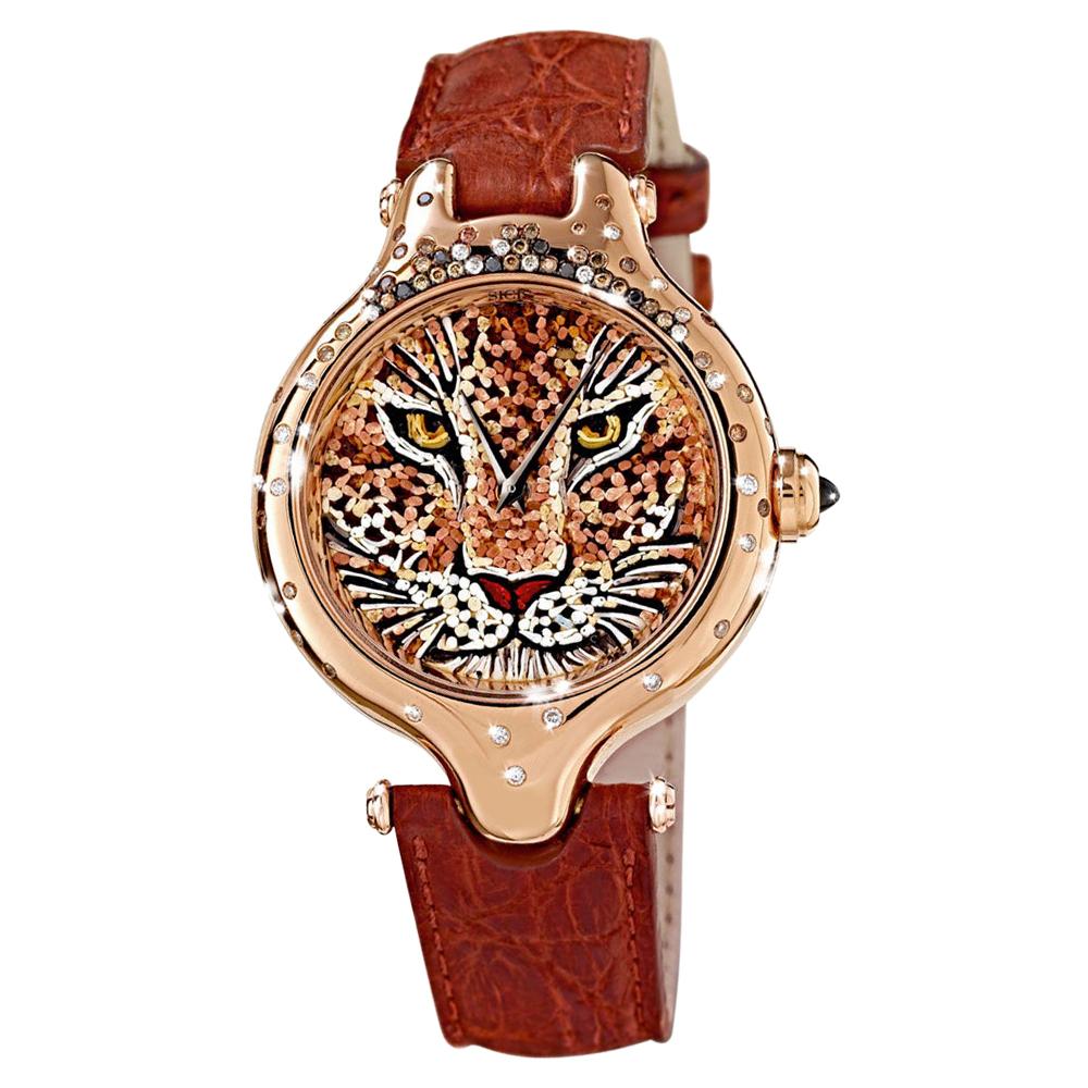 Orologio Oro Bianco Nero e Marrone Diamanti Zaffiri Cinturino Alligatore MicroMosaico