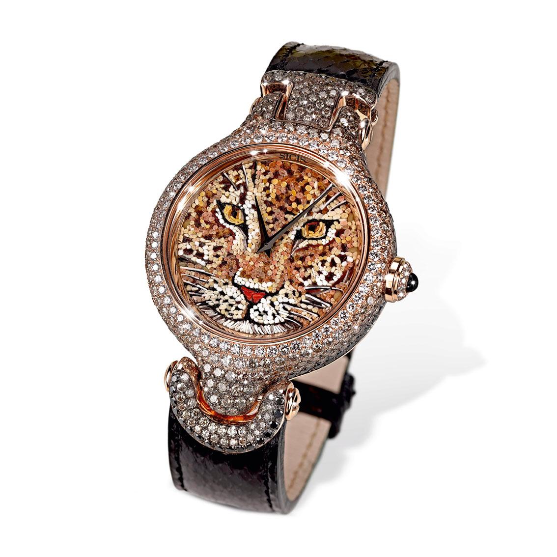 Brilliant Cut Watch Gold White Black and Brown Diamonds Sapphires Python Strap Micro Mosaic For Sale