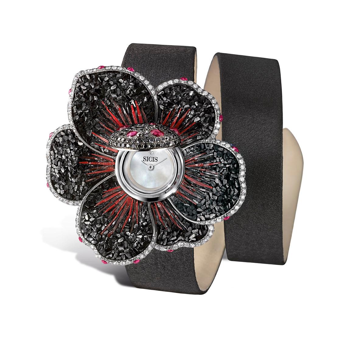 Contemporary Watch Gold White and Black Diamonds Ruby Satin Strap Hand Decorated Micromosaic For Sale
