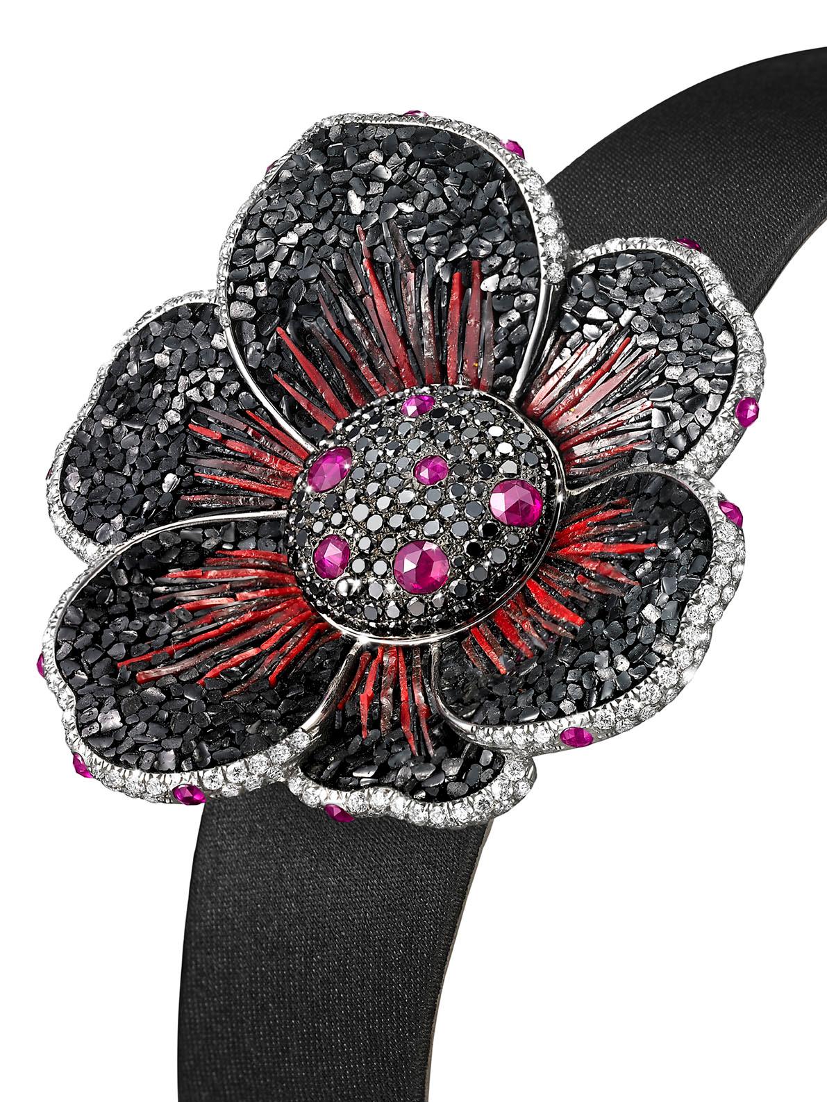 Brilliant Cut Watch Gold White and Black Diamonds Ruby Satin Strap Hand Decorated Micromosaic For Sale