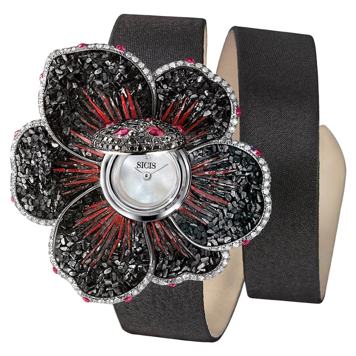 Watch Gold White and Black Diamonds Ruby Satin Strap Hand Decorated Micromosaic For Sale