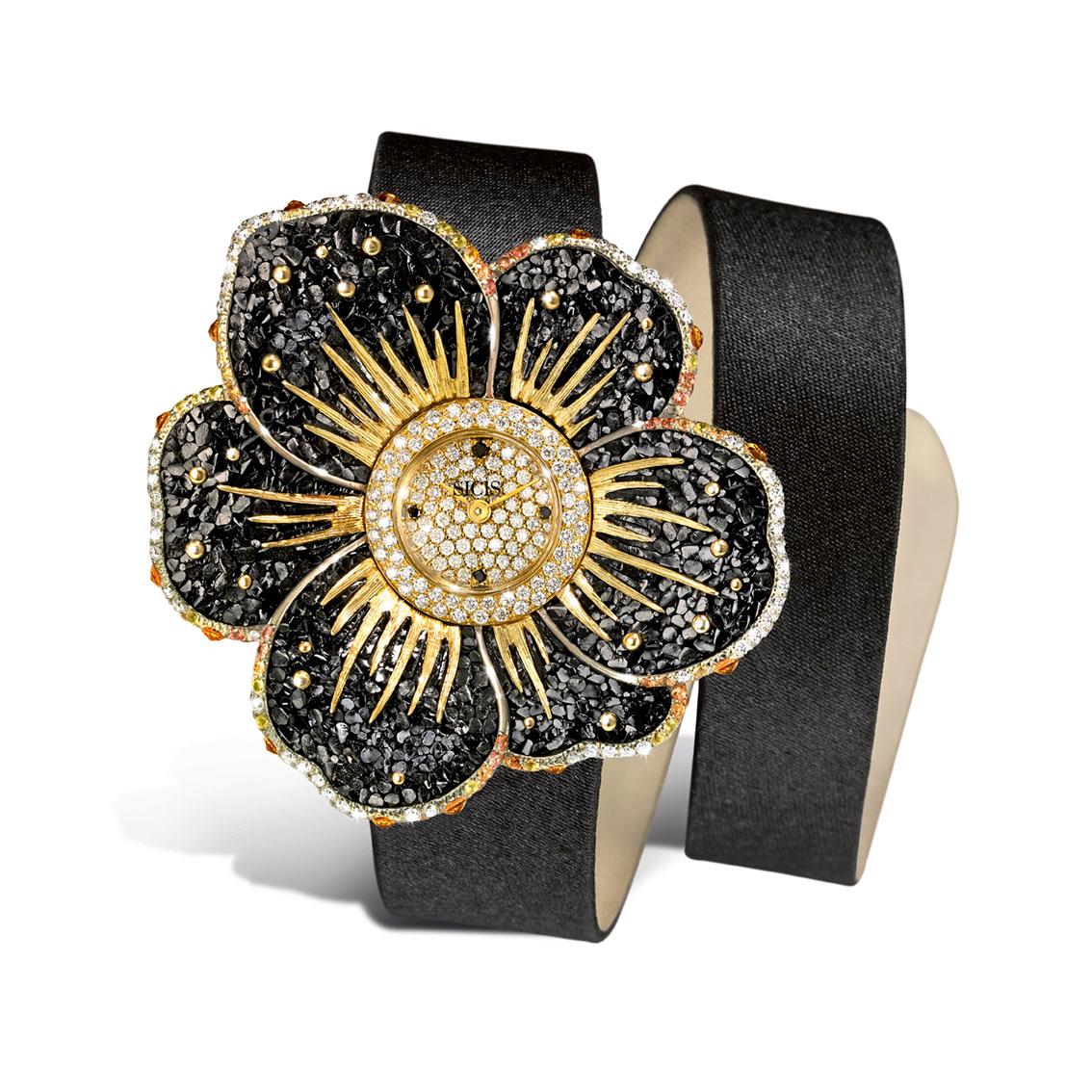 Modern Watch Gold White & Black Diamonds Sapphires Satin Strap Handdecorated NanoMosaic For Sale