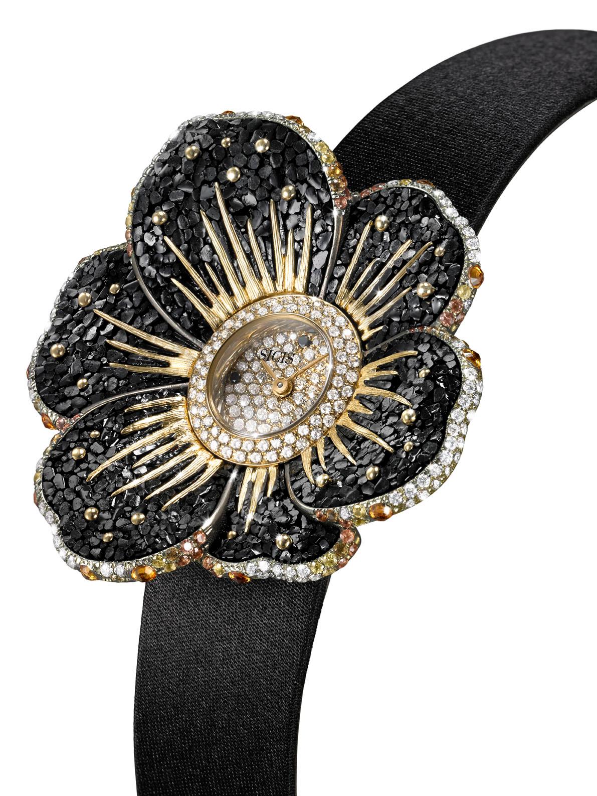 Brilliant Cut Watch Gold White & Black Diamonds Sapphires Satin Strap Handdecorated NanoMosaic For Sale