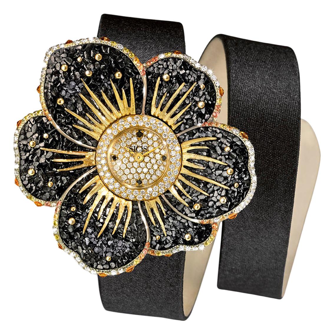 Watch Gold White & Black Diamonds Sapphires Satin Strap Handdecorated NanoMosaic For Sale