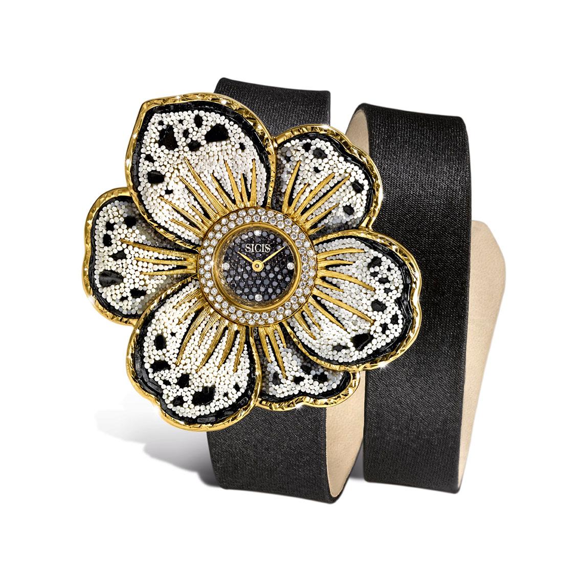 Contemporary Watch Gold White and Black Diamonds Satin Strap Hand Decorated with Micromosaic For Sale