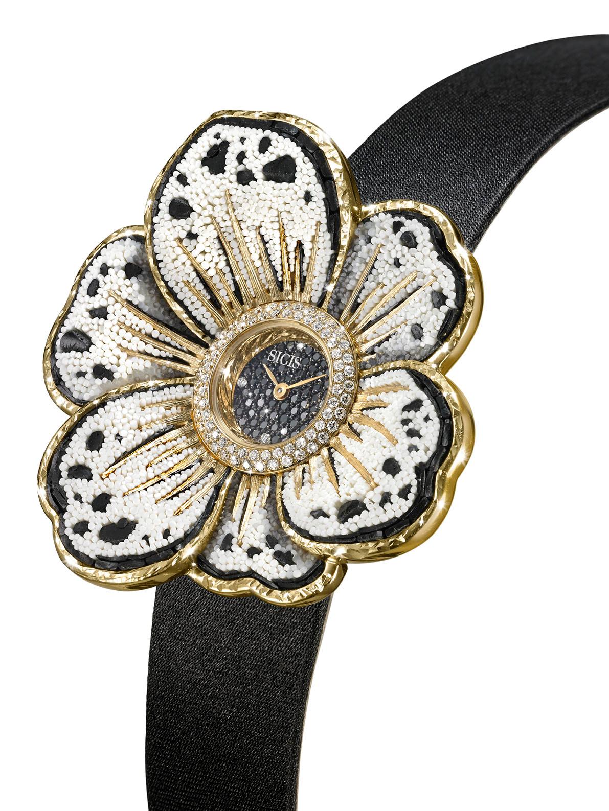 Brilliant Cut Watch Gold White and Black Diamonds Satin Strap Hand Decorated with Micromosaic For Sale