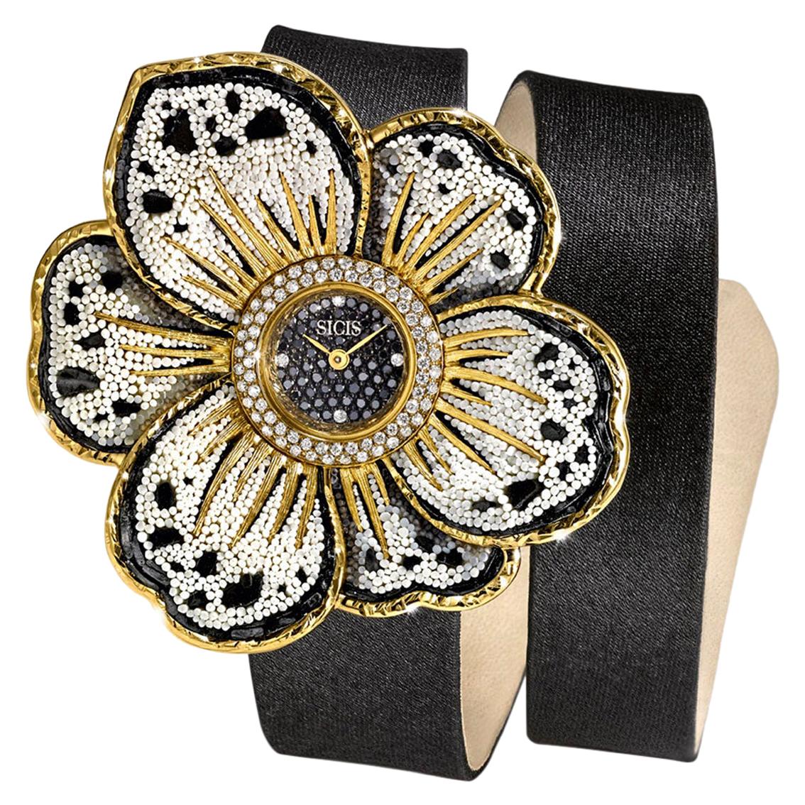 Uhr, Gold, weiße und schwarze Diamanten, Satinarmband, handdekoriert mit Mikromosaik