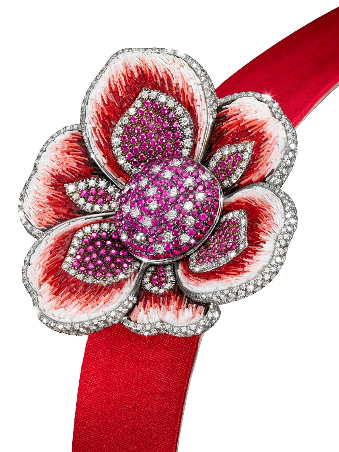 Contemporary Watch Gold White Diamonds Ruby Satin Strap Handdecorated with Micromosaic For Sale
