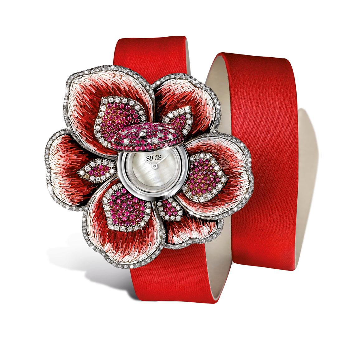 Reloj Oro Blanco Diamantes Rubí Correa de Satén Decorada a Mano con Micromosaico Corte brillante en venta