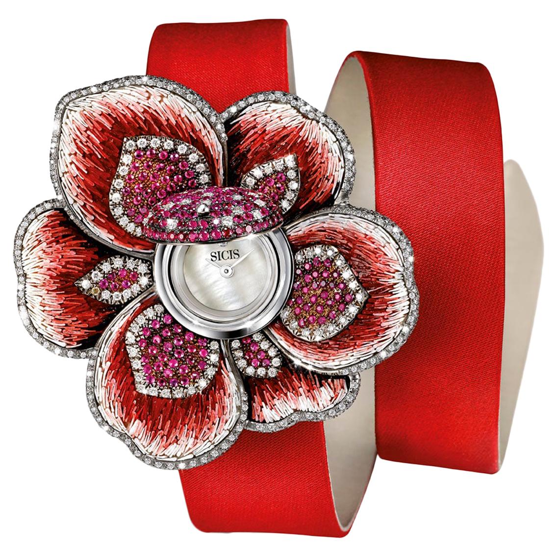 Watch Gold White Diamonds Ruby Satin Strap Handdecorated with Micromosaic For Sale