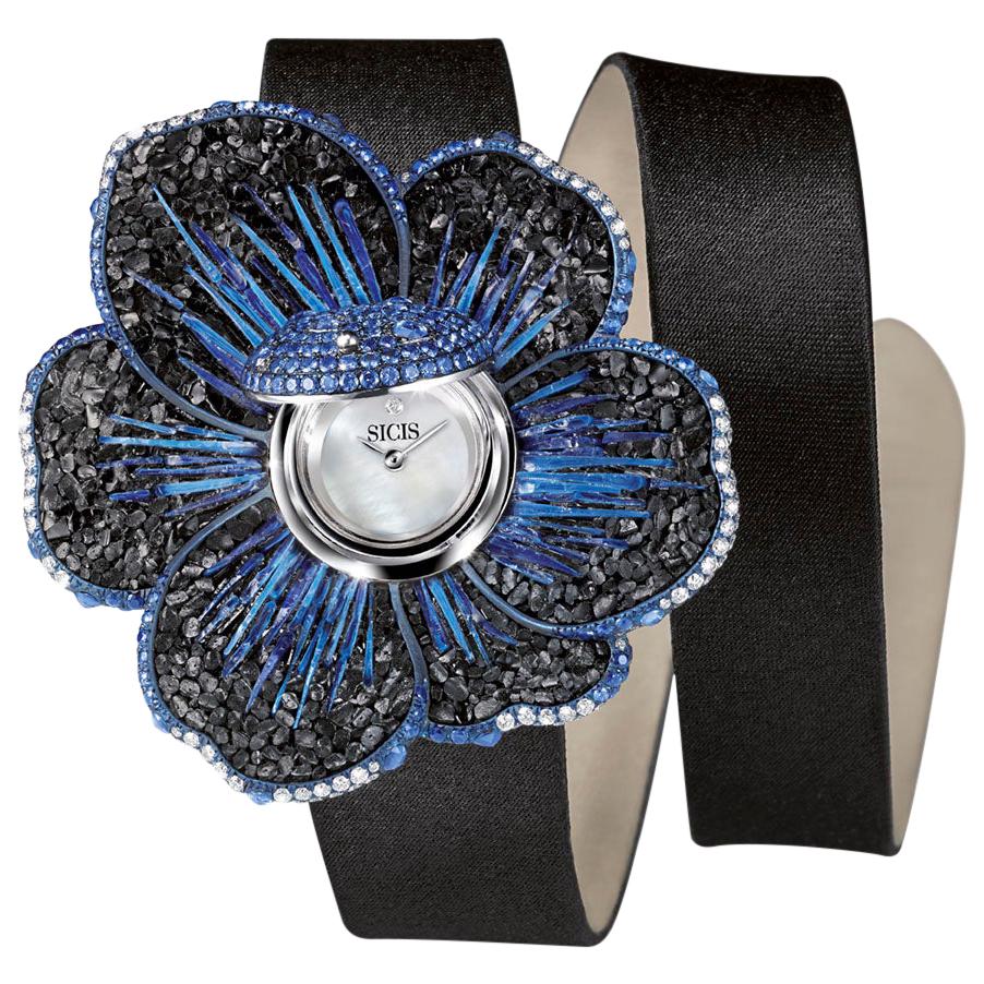 Watch Gold White Diamonds Sapphire Satin Strap Hand Decorated with Micromosaic For Sale