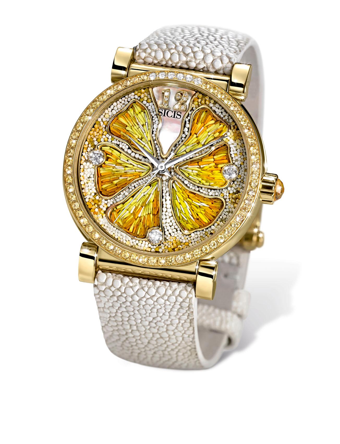 Modern Watch Gold White Diamonds Sapphires Mother of Pearl Galuchat Strap Micro Mosaic For Sale