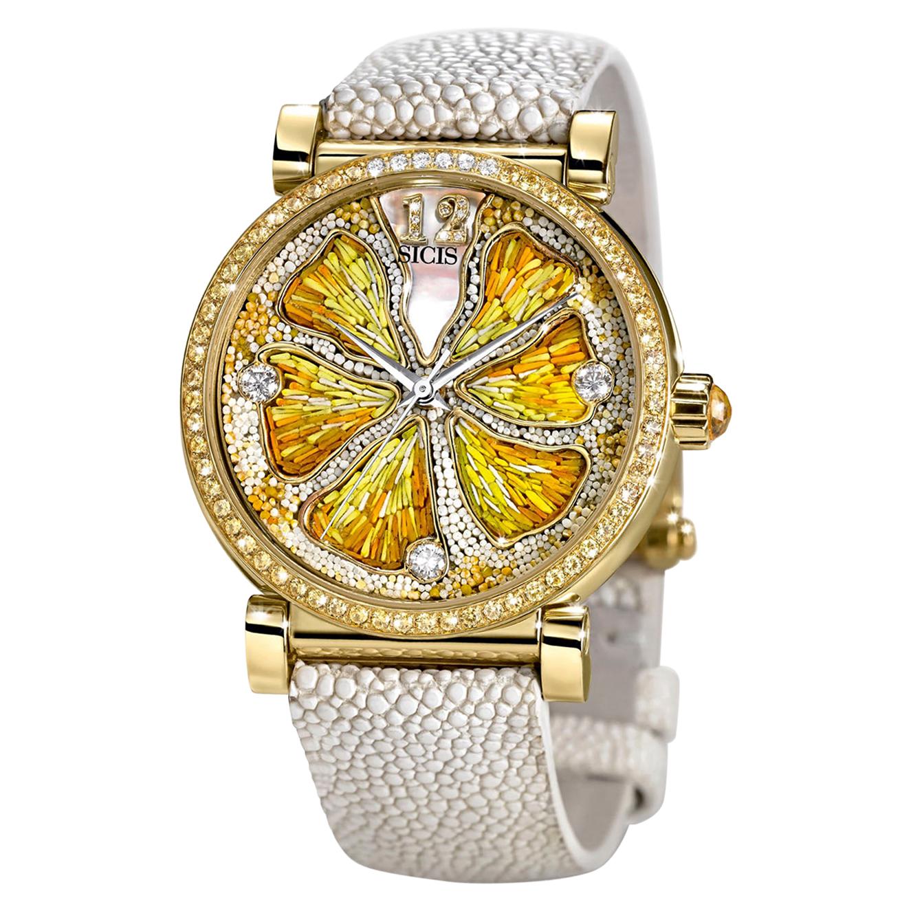 Montre en or, diamants blancs, saphirs, nacre et bracelet en micro-mosaïque Galuchat