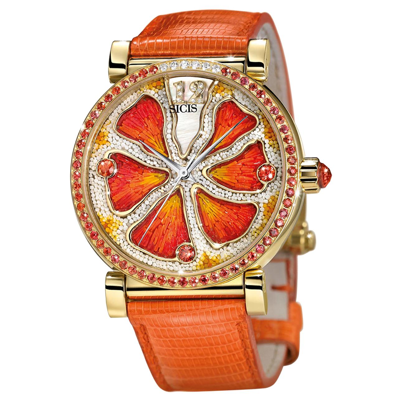 Reloj Oro Blanco Diamantes Zafiros Madreperla Correa Lagarto MicroMosaico en venta
