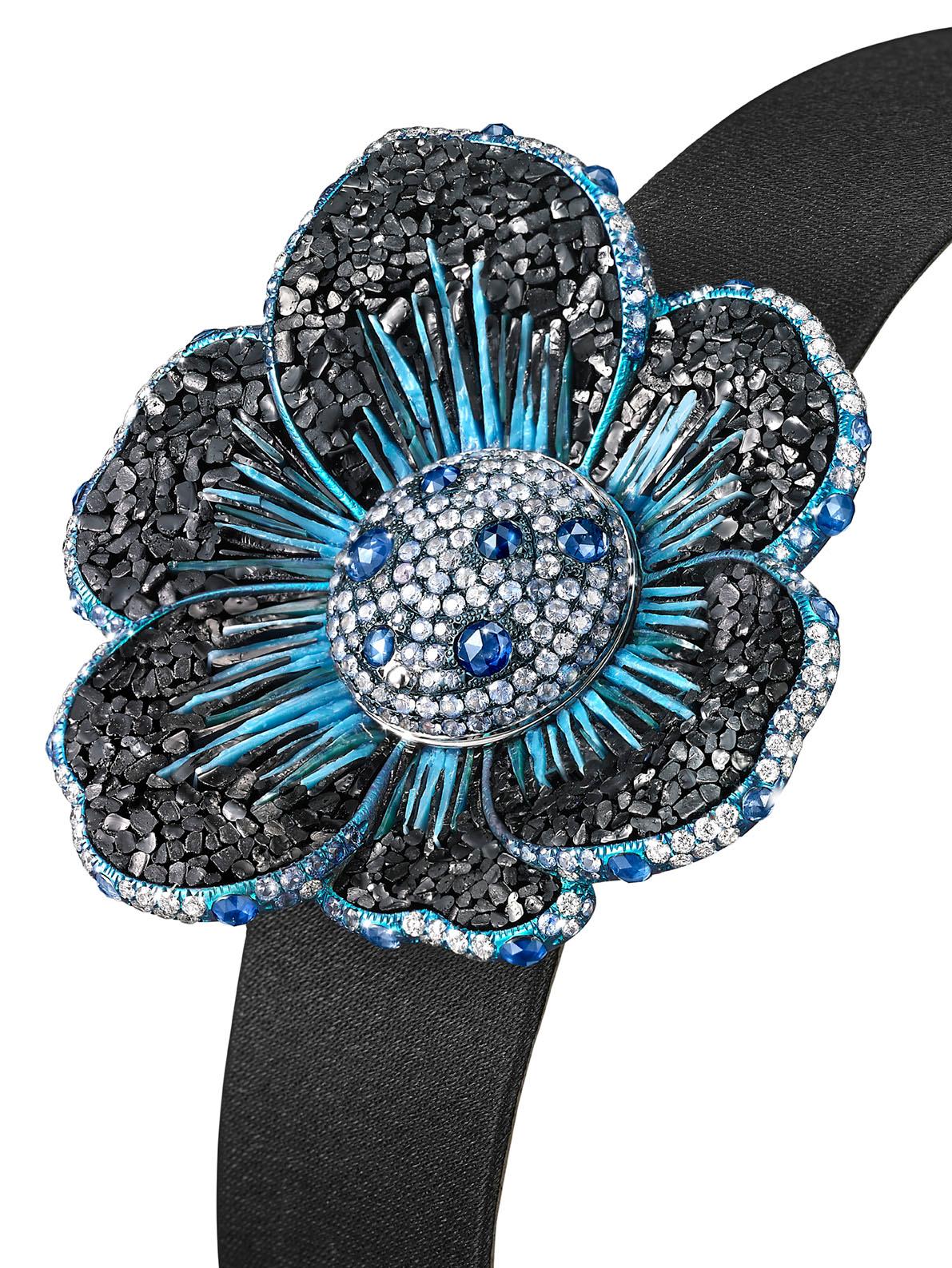 Brilliant Cut Watch Gold White Diamonds Sapphires Satin Strap Hand Decorated with Micro Mosaic For Sale