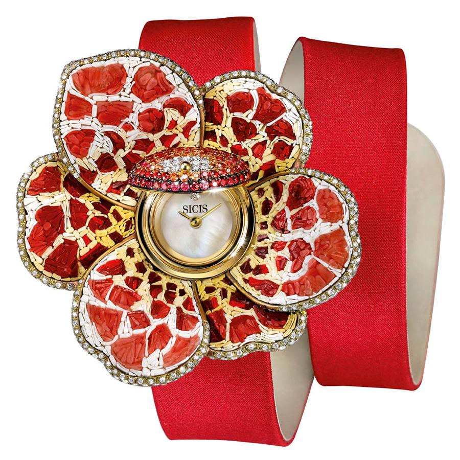 Uhr, Gold, weiße Diamanten, Saphire, Satinarmband, handdekoriert mit Mikromosaik