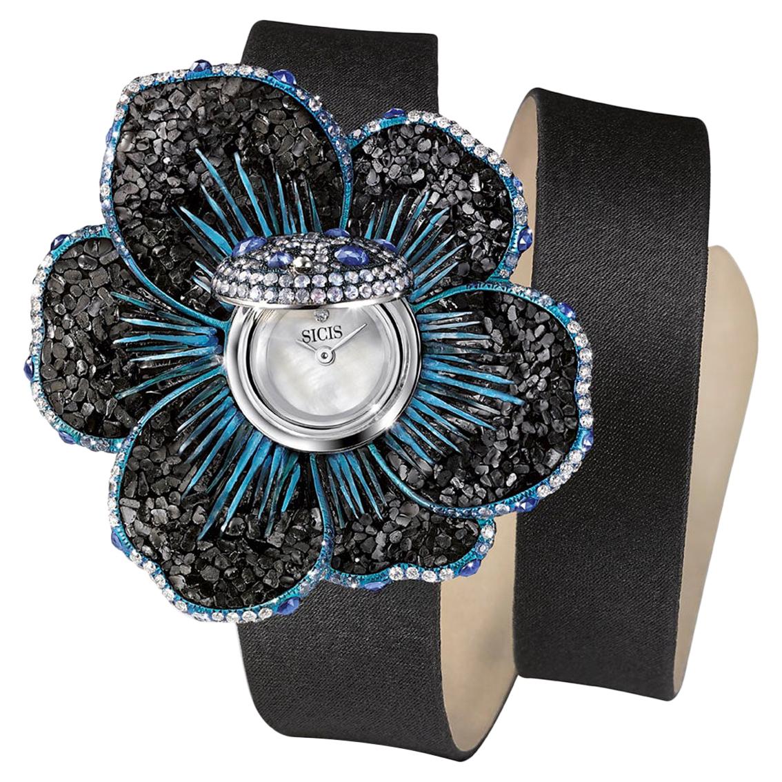 Watch Gold White Diamonds Sapphires Satin Strap Hand Decorated with Micro Mosaic For Sale