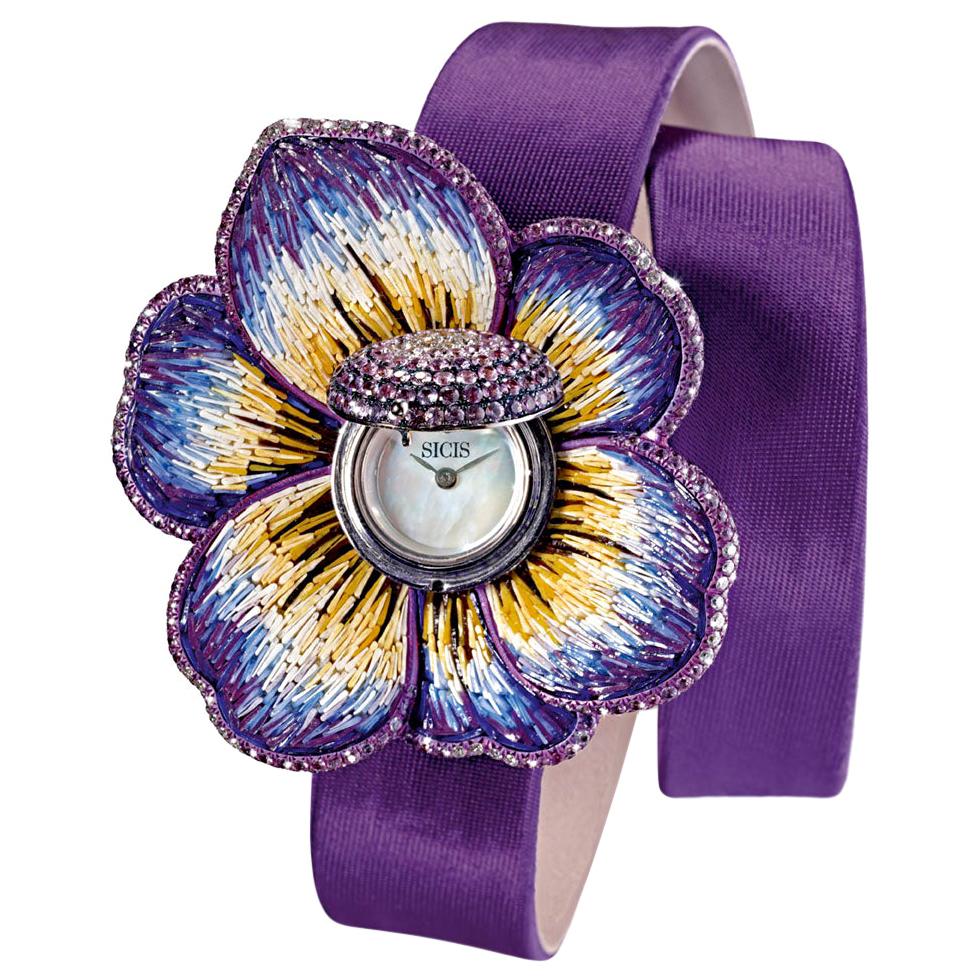 Watch Gold White Diamonds Sapphires Satin Strap Hand Decorated with Micro Mosaic For Sale