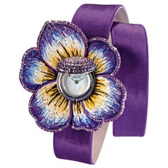 Watch Gold White Diamonds Sapphires Satin Strap Hand Decorated with Micro Mosaic