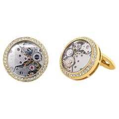 Orologio Meccanismo del quadrante interno Diamante bianco aureolato Gemelli in oro giallo 18 carati