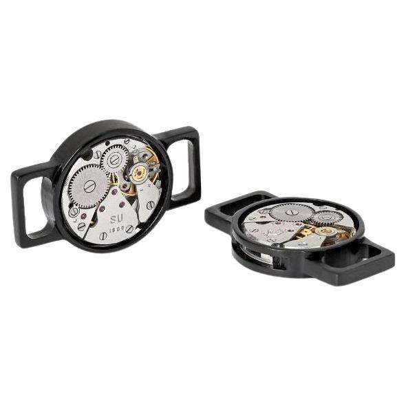 Watch Movement Round Shoe Links in Brushed Black IP Steel For Sale