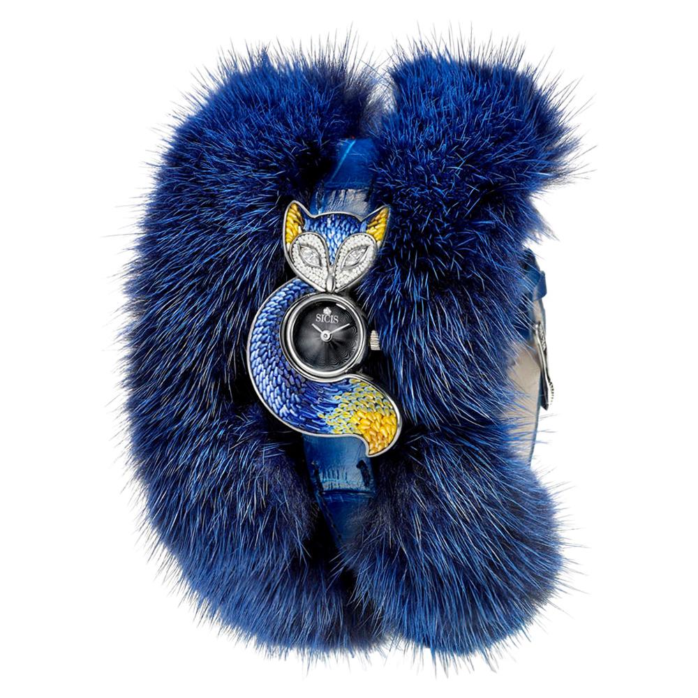 Watch Silver White Diamonds Alligator and Fur Strap Handdecrated with NanoMosaic