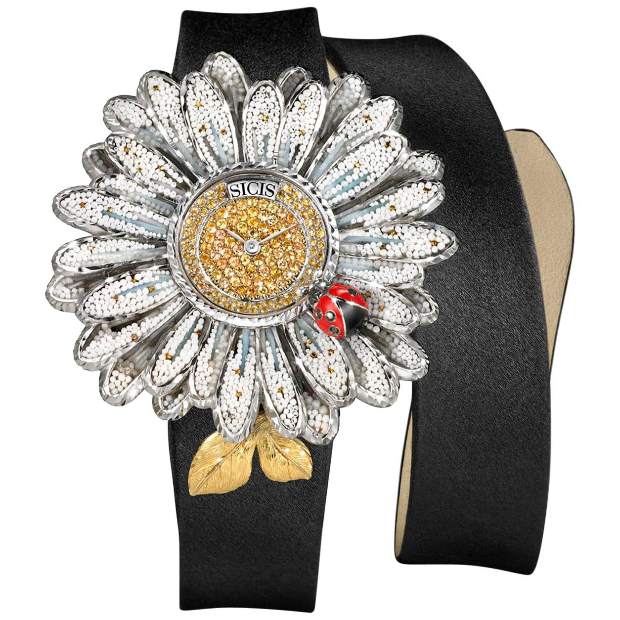 Watch White Gold Black Diamonds Sapphires Satin Strap Decorated with MicroMosaic