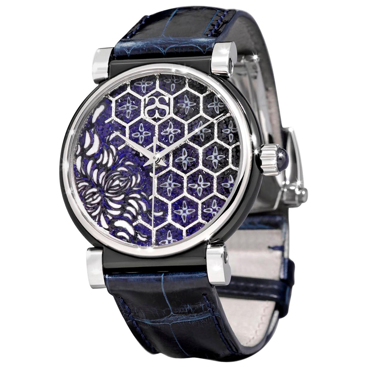 Watch White Gold Steel Sapphires Alligator Strap Hand Decorated with MicroMosaic