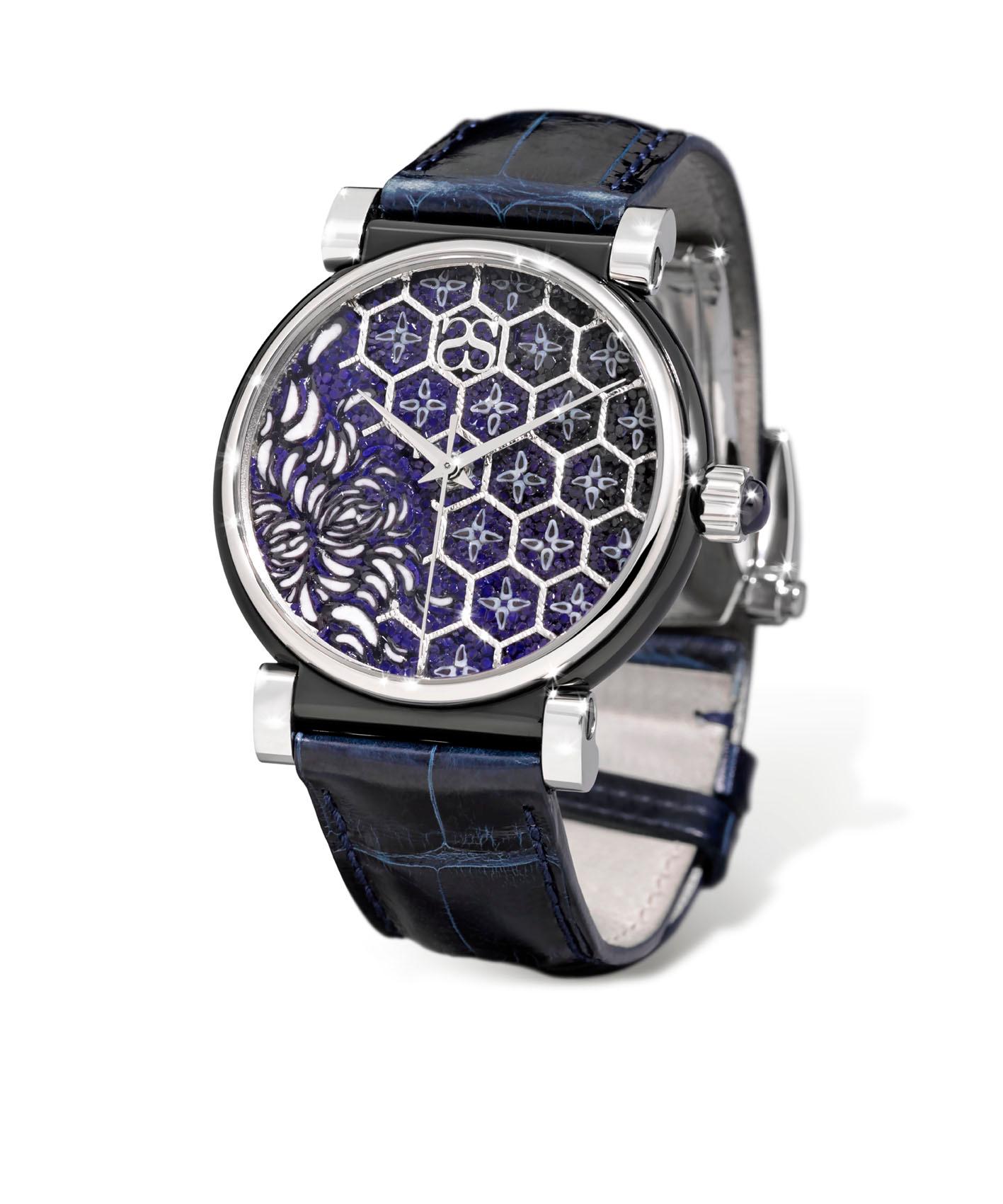 Brilliant Cut Watch White Gold Steel Sapphires Alligator Strap Hand Decorated with MicroMosaic For Sale
