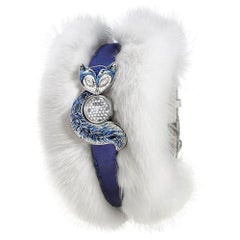 Watch White Gold White and Black Diamond Sapphires Silk & Fur Strap Micro Mosaic