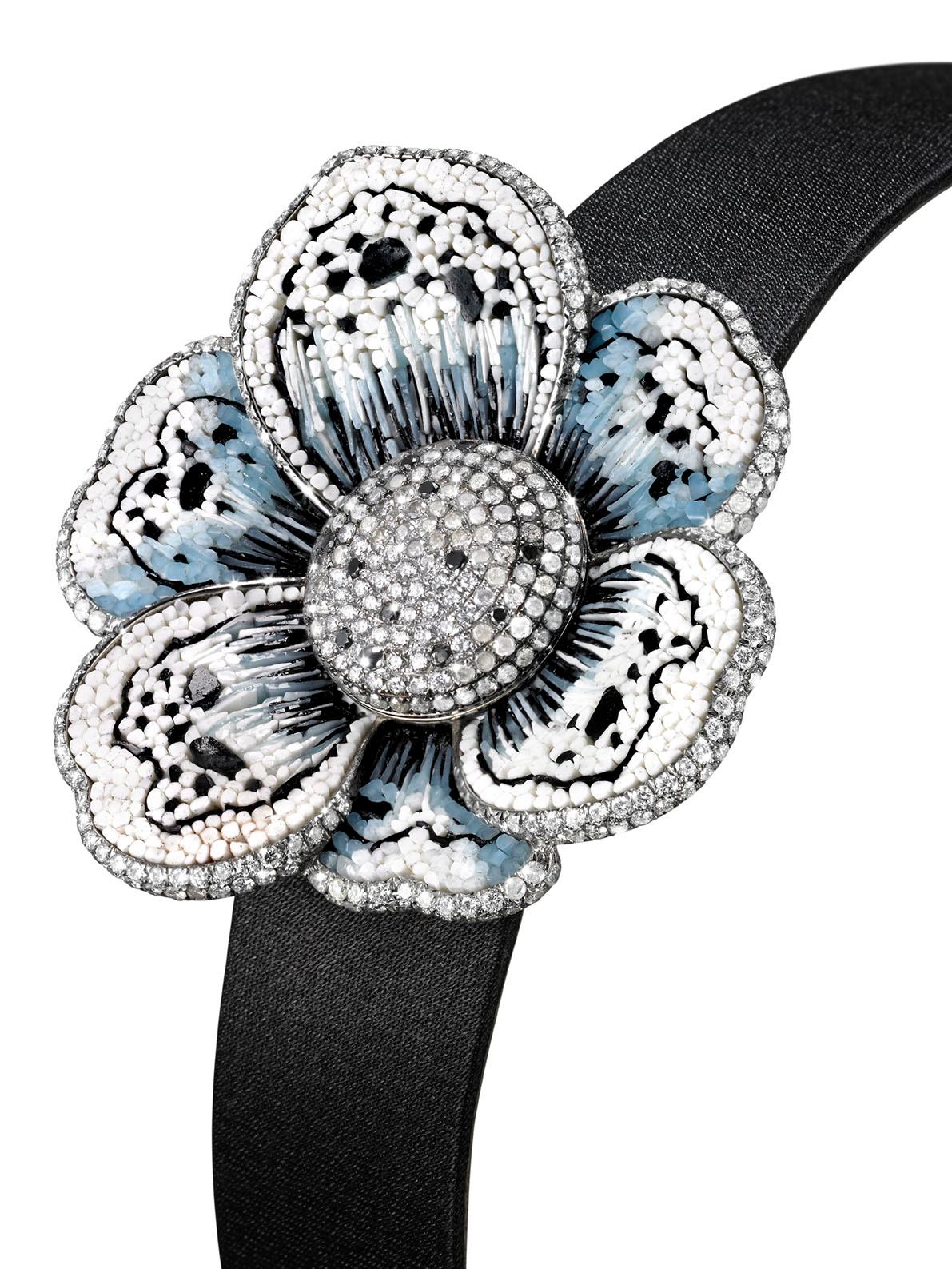 Contemporary Watch White Gold White Black and Ice Diamonds Satin Strap Decorated Micromosaic For Sale