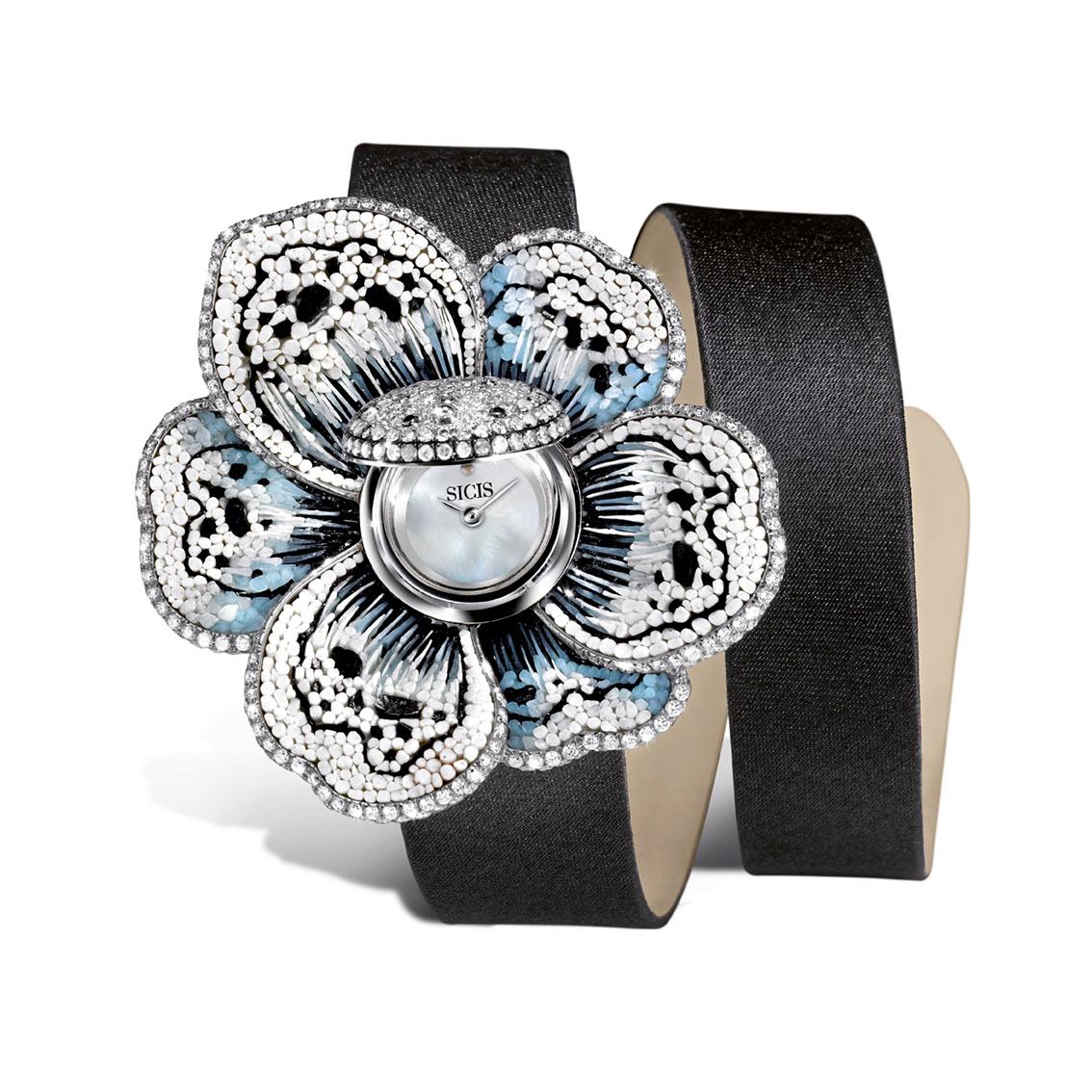 Brilliant Cut Watch White Gold White Black and Ice Diamonds Satin Strap Decorated Micromosaic For Sale