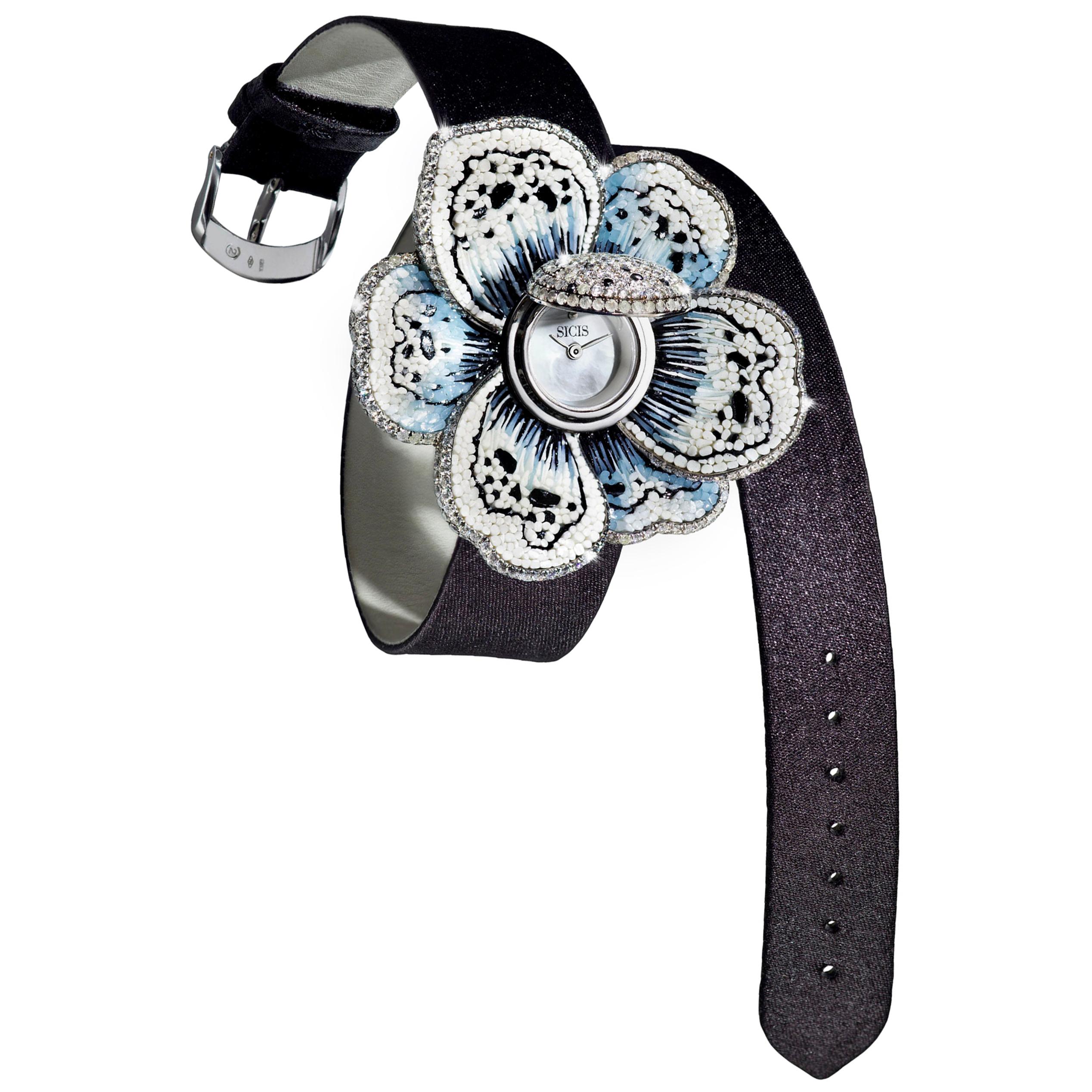 White Gold Watch with White and Black Diamonds and Decorated with Micromosaic
