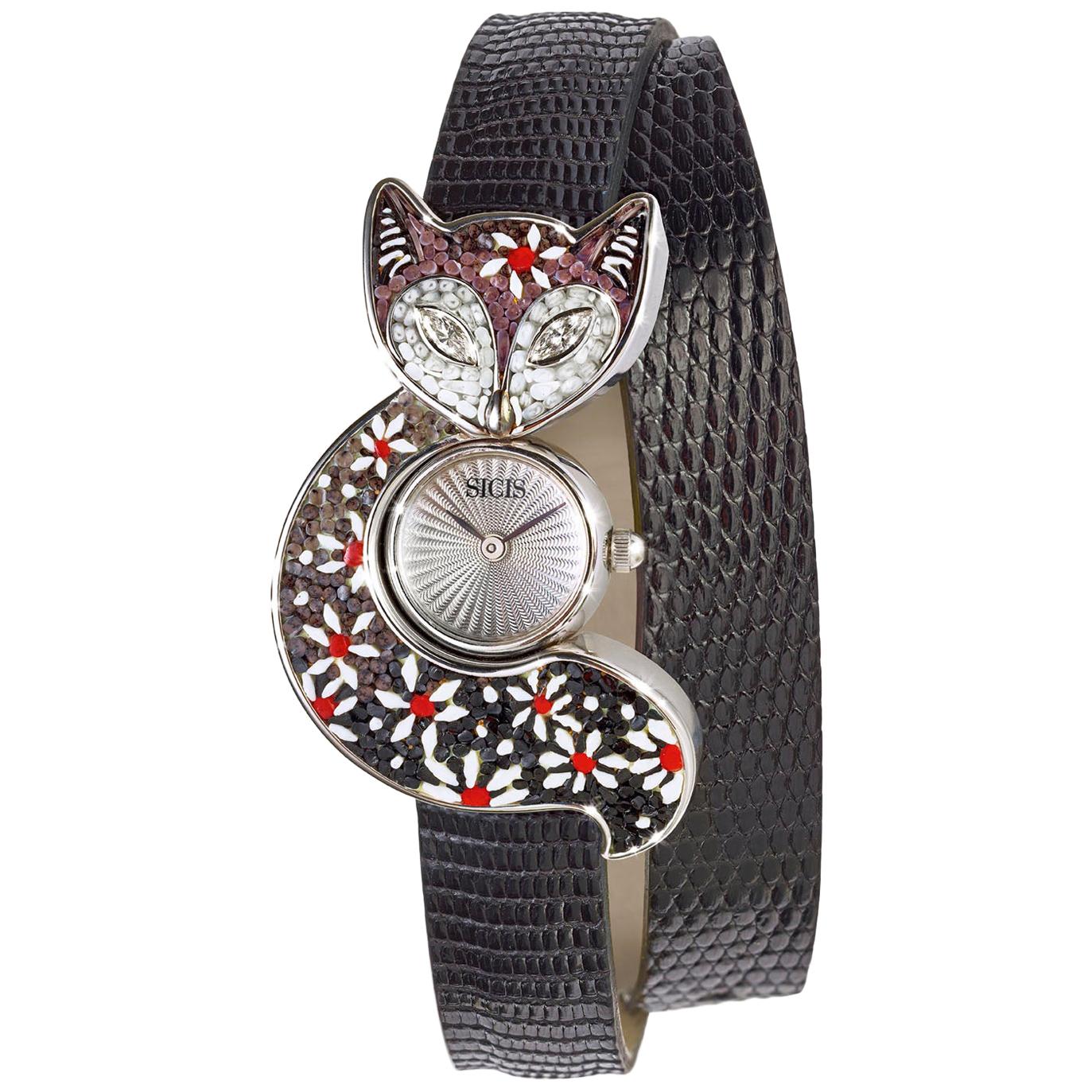 Watch White Gold White Diamond Lizard Strap Guilloche Dial Decorated Micromosaic For Sale