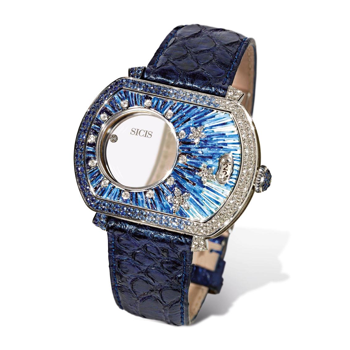 Modern Watch White Gold White Diamonds Sapphires Alligator Strap Decorated MicroMosaic For Sale