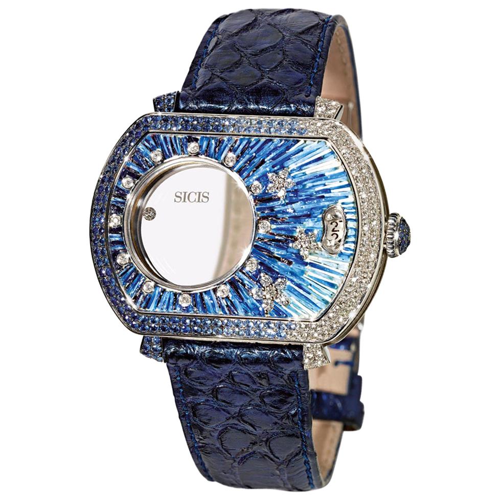 Watch White Gold White Diamonds Sapphires Alligator Strap Decorated MicroMosaic For Sale